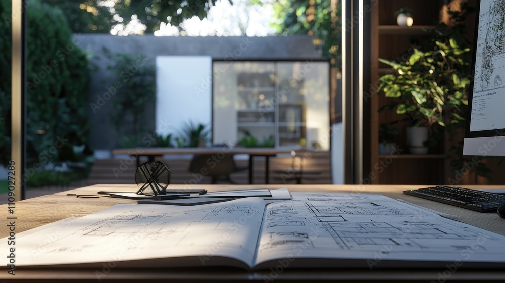 Poster Architectural plans for a modern house with 3D rendering and technical drawings displayed as part of the building design process