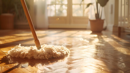 Wet cleaning of the floor using a mop in a sunlight filled room. Concept of cleaning, housework.