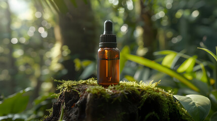 30ml serum dispenser in the forest. Organic skin care for face and body. Beauty routine. Bottle mockup