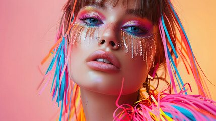 Young beautiful woman with bright makeup and decorations
