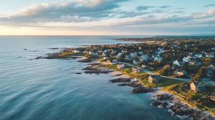 Obraz premium An aerial shot of homes on a picturesque seacoast, with the ocean lapping against the shore, showcasing the tranquil beauty of coastal living. 