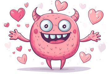 Fototapeta premium A cheerful pink monster surrounded by floating hearts, expressing love and joy.