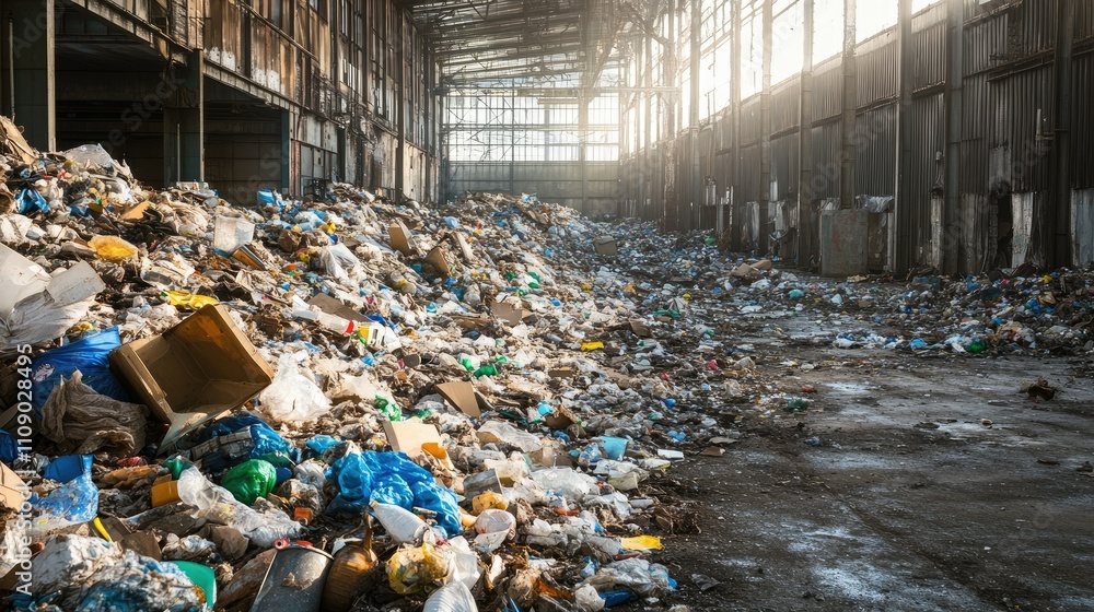 Poster trash and debris accumulating in a derelict factory, illustrating the environmental impact of abando