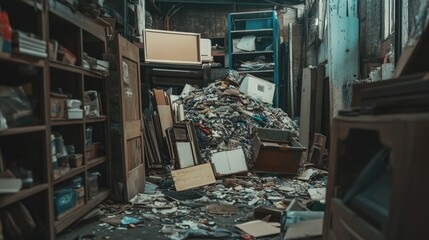 Obraz premium Pile of discarded materials in a recycling center warehouse, showcasing the busy, cluttered environment of waste management