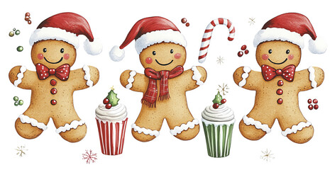 Fototapeta premium Vintage watercolors painting, set of cheerful gingerbread cookies, 