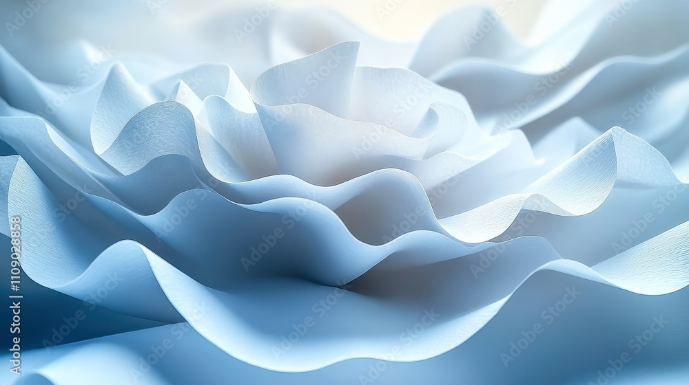 Poster delicate blue layered petals creating an ethereal flower design with soft curves and gentle shadows,