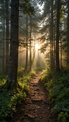Fototapeta premium Tranquil forest path with sunlight filtering through mist.
