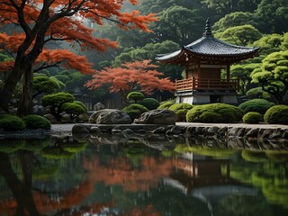 Fototapeta premium Tranquil Japanese garden with a pagoda and woman in a kimono.