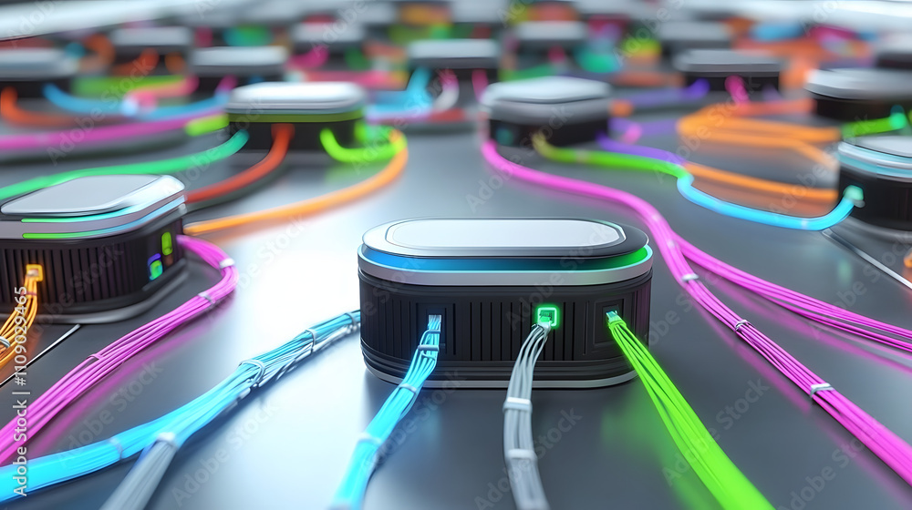 Poster network of connected futuristic devices with colorful trailing lines
