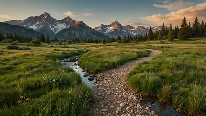 Obraz premium Tranquil meadow with a winding path, stream, and mountains.