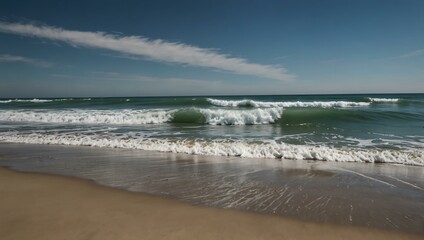 Fototapeta premium Tranquil ocean waves on a sandy beach with clear skies.