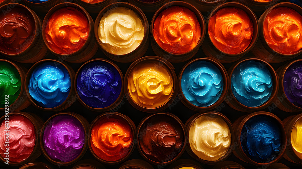 Aufkleber A vibrant array of colorful paint pots arranged in a grid, showcasing a spectrum of hues from bright orange to deep violet