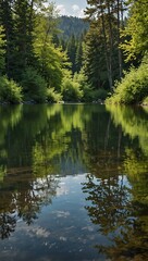 Obraz premium Tranquil spring landscape with serene lake reflections.