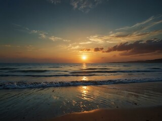 Obraz premium Tranquil sunset over a calm beach.