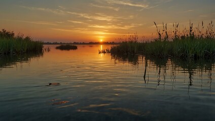 Obraz premium Tranquil sunset over Albufera Natural Park with reeds reflecting in calm waters.