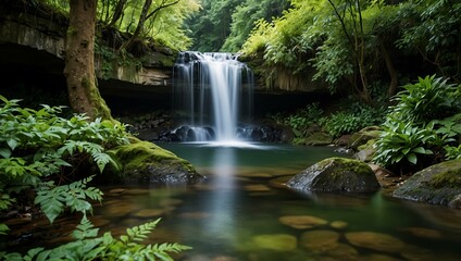 Tranquil waterfall surrounded by green foliage.