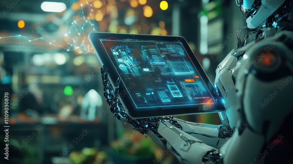 Poster a robot is holding a tablet with a screen displaying a complex image