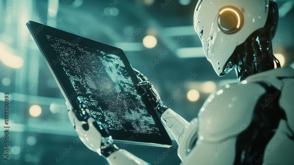 Poster a robot is holding a tablet and looking at a screen with a lot of numbers