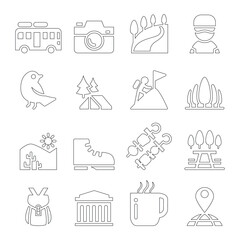 Fototapeta premium Tourism , travel , Adventure , Discovery , camping , Trail icon set