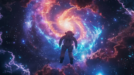 Obraz premium An astronaut drifts weightlessly through deep space, approaching a luminous spiral galaxy surrounded by vibrant, colorful clouds and stars.