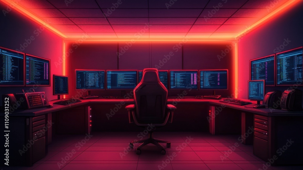 Poster a dark, futuristic workspace featuring multiple computer screens illuminated by vibrant red neon lig