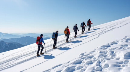 Climbers Ascend a Snowy Mountain Slope Under Bright Sunshine Displaying Teamwork