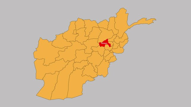 Parwan map animated video. The location is highlighted on the Afghanistan map. Colour map with Gray background in video format.