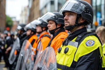 Riot police stand firmly in formation. They display resilience and readiness amid urban unrest. Their gear reflects a serious commitment to public safety. Generative AI