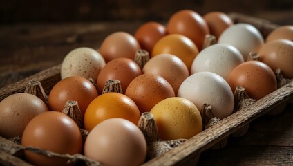 Tray of raw eggs on a wooden table.