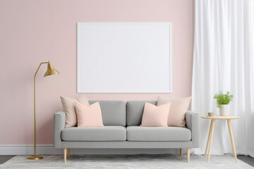 Poster frame mockup interior design in pink soft colors, gray sofa. AI generated.