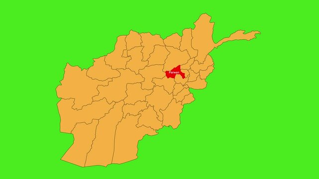 Parwan map animated video. The location is highlighted on the Afghanistan map. Colour map with Green screen background in video format.
