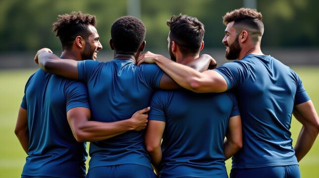 Diverse Rugby Team United in Blue Jerseys on Outdoor Field