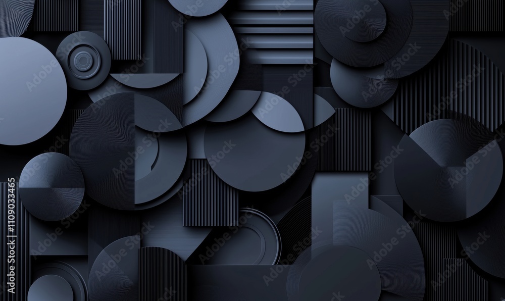 Poster geometric shapes in dark tones, abstract composition featuring circles, lines, and textures. various