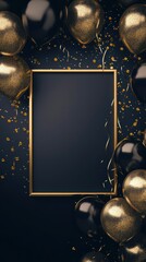 Fototapeta premium Black and gold balloons surrounding empty picture frame on navy background