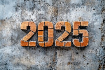 Fototapeta premium The numeral 2025 built with bricks and mortar displayed on a construction site backdrop