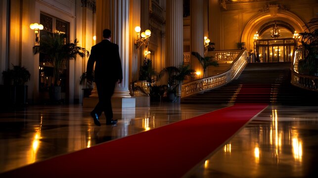 Elegant Man Walking on Red Carpet in Grand Hallway