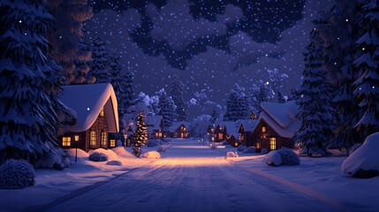 Fototapeta premium Minimal Paper Cutout Depiction of a Snowy Village at Night Surrounded by Pine Trees Under a Starry Sky