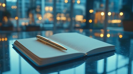 Open notebook with gold pen on reflective table.