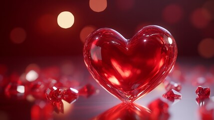 Obraz premium Red Glass Heart Symbol with Sparkling Highlights on Romantic Vibrant Background Creating a Symbolic Emotional Design