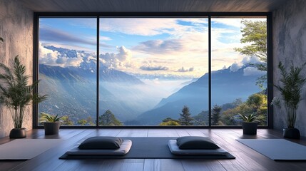 Fototapeta premium Mountain Top Meditation Room With Panoramic Windows Overlooking Scenic Sunrise Peaceful Nature