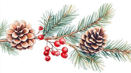 Festive Christmas Pine Branch with Red Berries Pine Cones for Elegant Holiday Decoration Concept