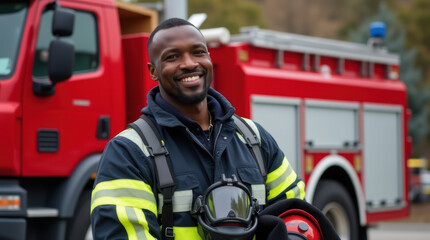 Black Firefighter Poses Proudly With Helmet and Gear Near Fire Truck