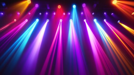 Obraz premium Colorful Stage Lights at Dynamic Concert With Beams of Purple, Blue, and Red Illuminating Dark Performance Space