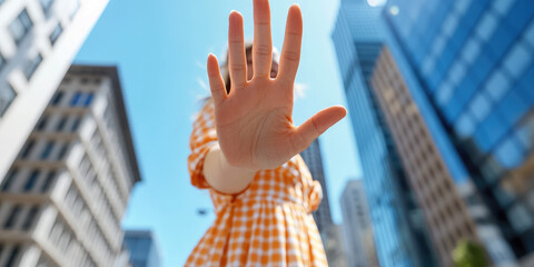 Woman in summer dress shows palm stop sign. Woman shows no gesture for sexual harassment on a city street