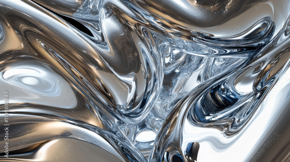 Poster abstract metallic surface with liquid reflections and dynamic shapes in a futuristic composition