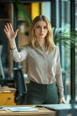 Fototapeta premium Woman office worker show her palm a stop sign. Female manager shows no gesture for sexual harassment in office work, workplace 
