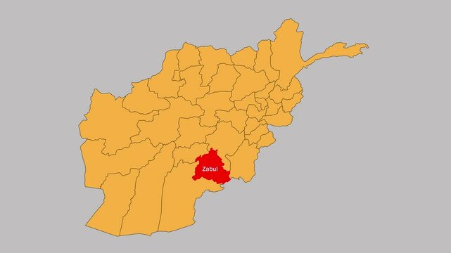 Zabul map animated video. The location is highlighted on the Afghanistan map. Colour map with Gray background in video format.