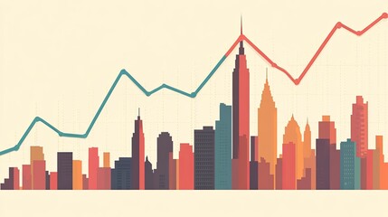 Fototapeta premium Cityscape skyline with upward trending graph.