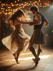 Ceilidh couple dancing gracefully under warm lights