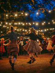 Group Ceilidh dancing outdoors with festive string lights